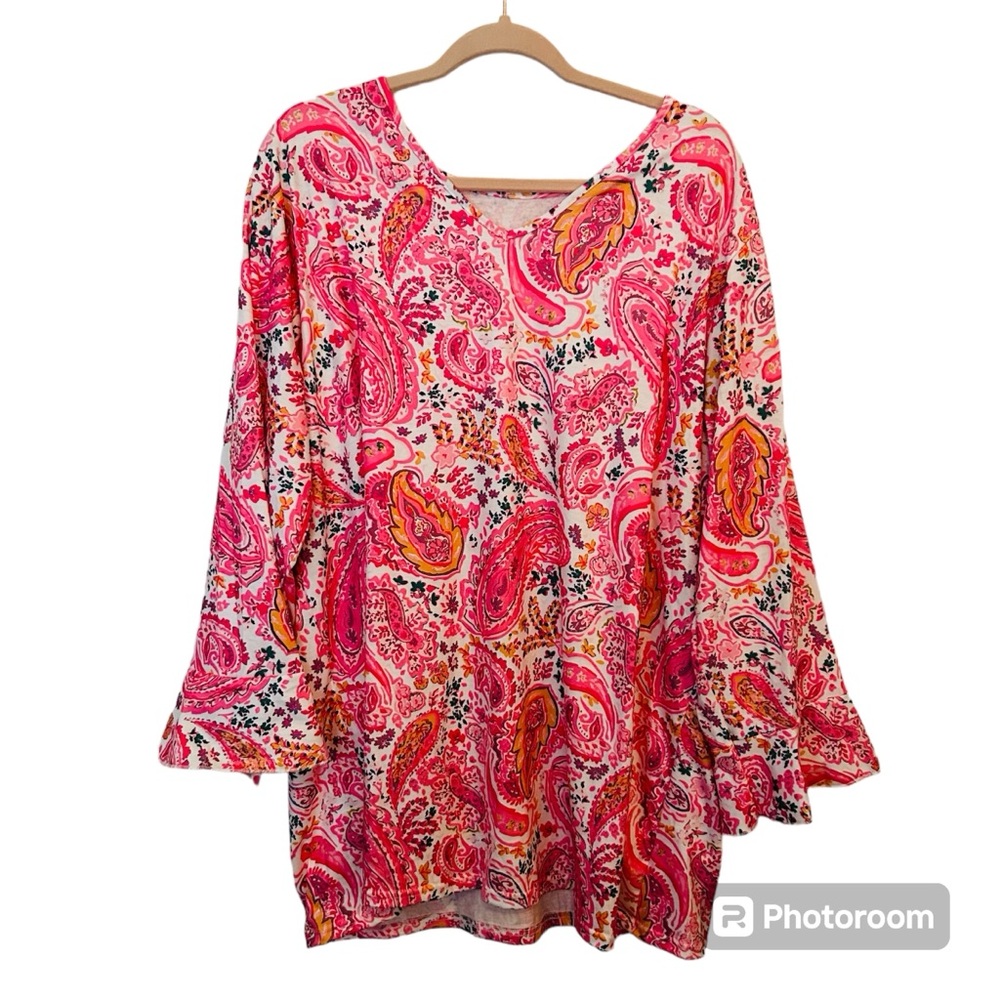 Pink Paisley Super Soft & Stretchy Plus Size Long Sleeve Comfortable Top 4X A1